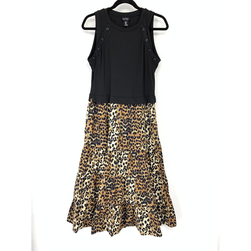 Nicole Miller Midi Dress Womens Medium Black Brown Animal Print Tiered Crew Neck